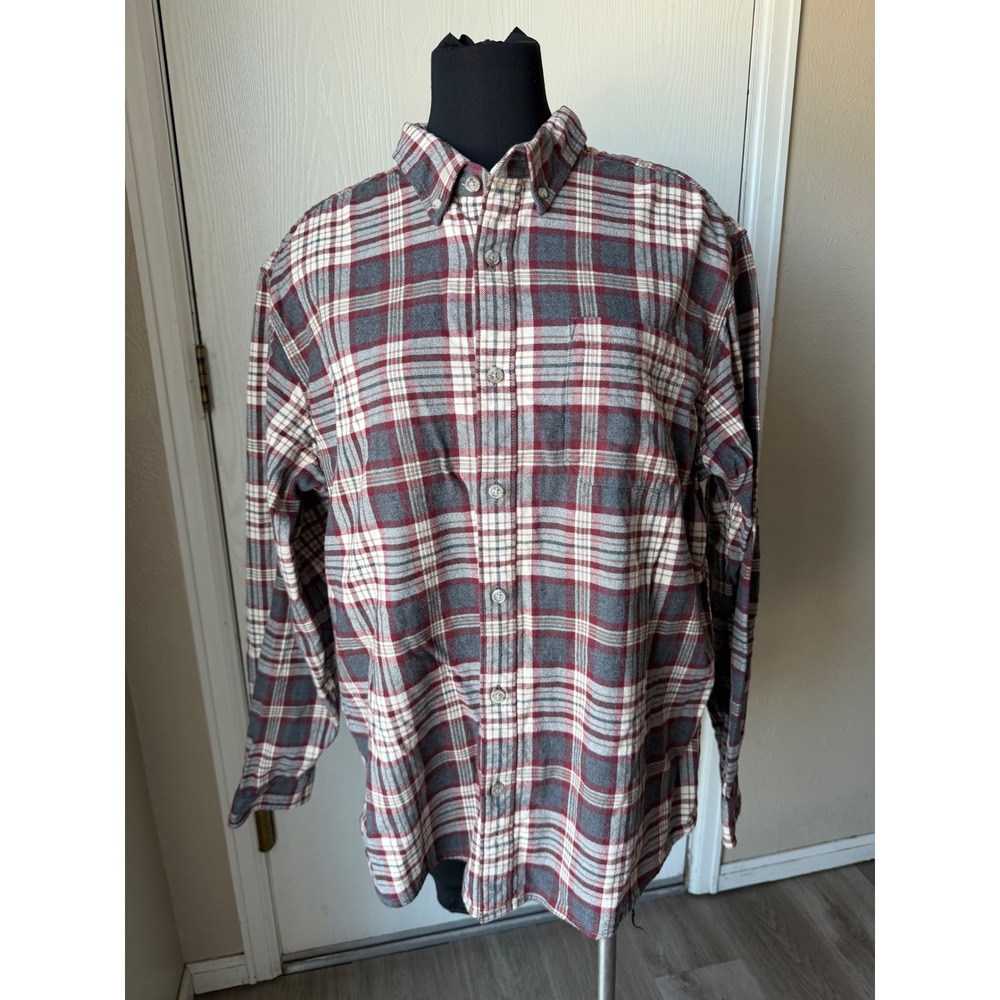Eddie Bauer Mens XL Classic Fit Flannel Shirt Plaid Burgundy Grey Cotton LS